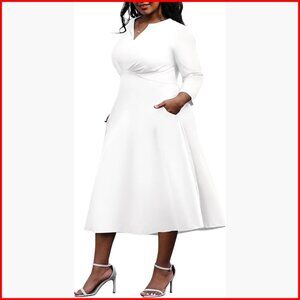 Plus Size Stretchy Flared Wrap Dress V Neck 3/4 Sleeve Midi A-Line Swing